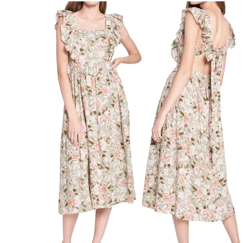 En saison Maris Floral A-Line Cotton Blend Cutout Ruffle Dress Sage Size XS